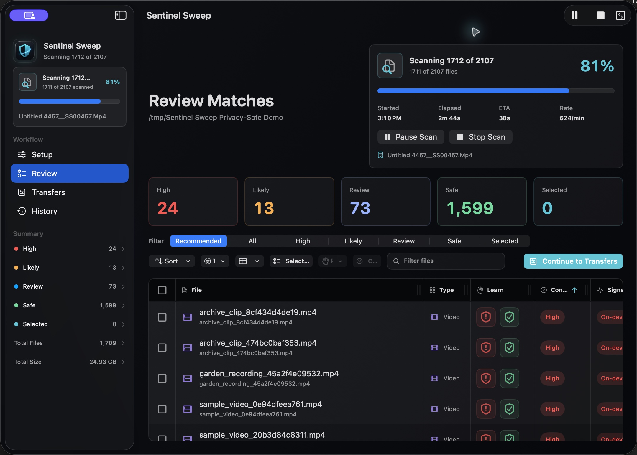 The complete Sentinel Sweep app window actively scanning a privacy-safe 2,107-file dataset, with live progress and local result categories visible.